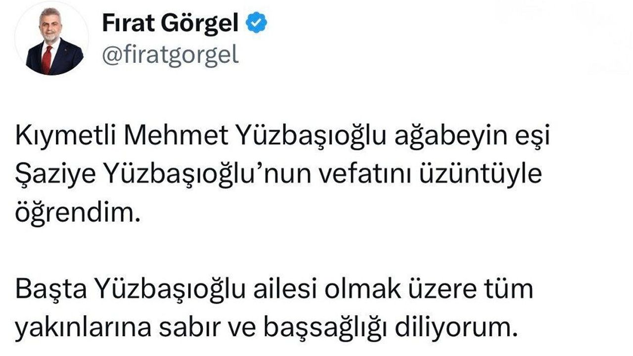 Başkan Görgel’den Yüzbaşıoğlu Ailesine Taziye Mesajı