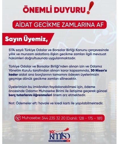 KMTSO’dan Aidat Gecikme Zamlarına Af