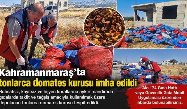 Kahramanmaraş’ta ruhsatsız mandırada tonlarca domates kurusu imha edildi