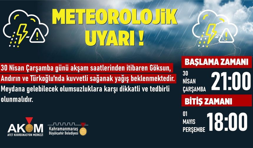 Kahramanmaraş’ta 3 İlçede Sağanak Uyarısı
