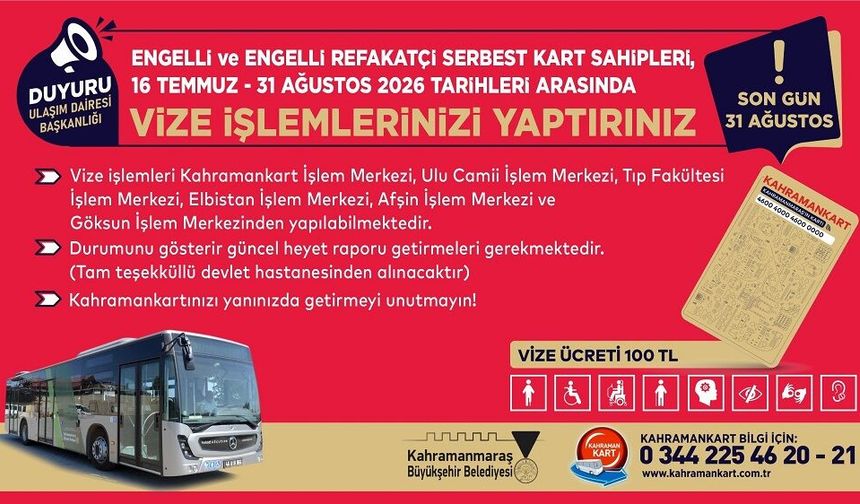 Engelli ve Engelli Refakatçi Serbest Kartlarında Vize Yenileme Dönemi Başladı